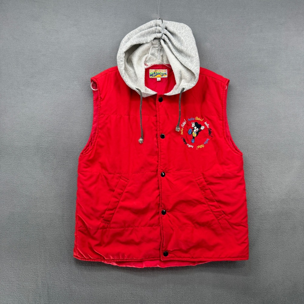 Vtg 90s Caress Red Hooded Puffer Vest Mickey Mouse Embroidered Women EU 158 E